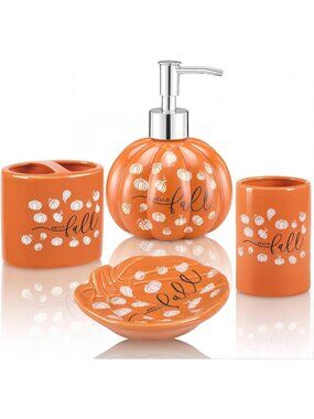 4-Piece Pumpkin Ceramic Bathroom Set - Fall Decor with Lotion Dispenser